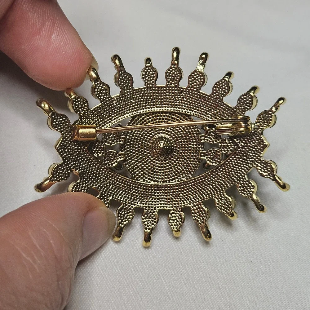 Evil Eye Brooch Womens OS Blue Gold Rhinestone Sunburst Mystic Pin